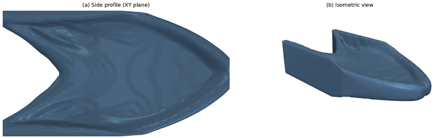 Optimized cantilever topology at one million elements, side profile and isometric view
